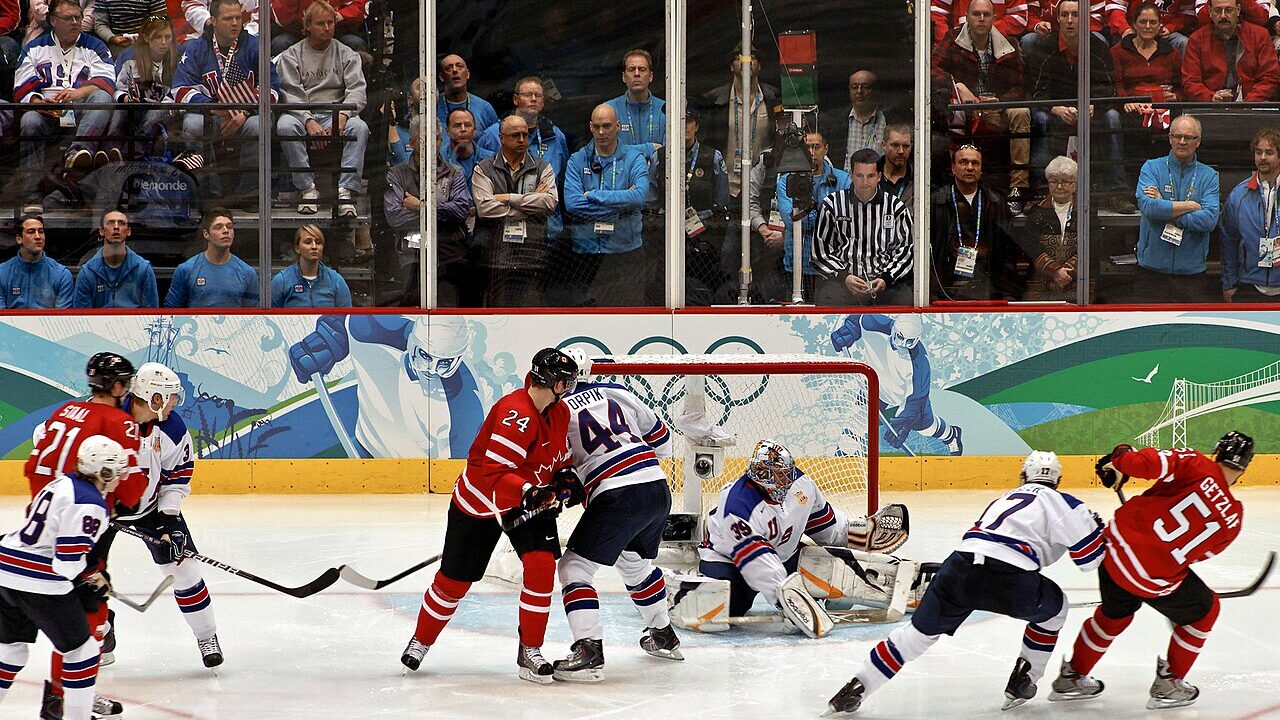 Players in action during an ice hockey game