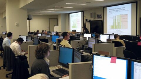 An emergency operations centre coordinating a public-health response