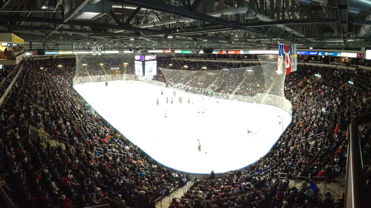Players battling during a professional ice hockey game