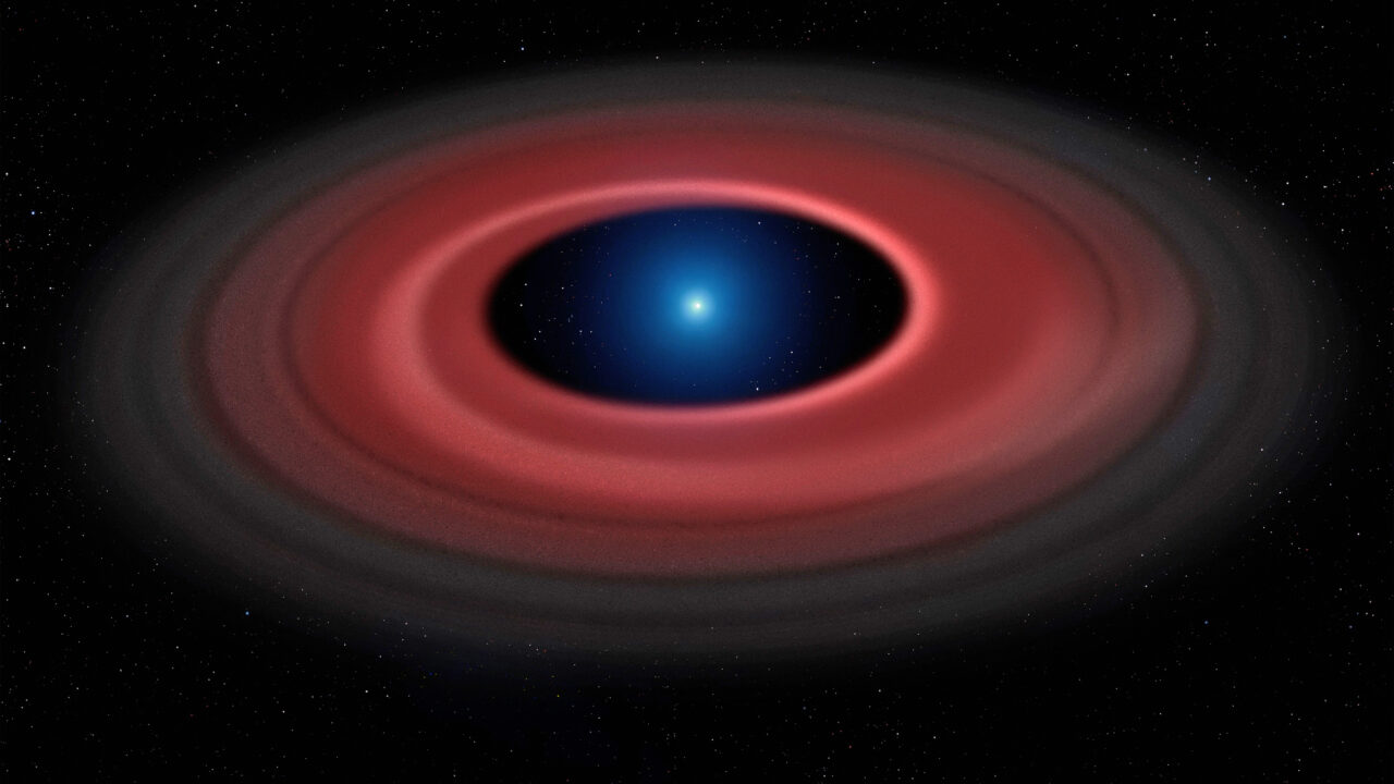 Artistu2019s impression of a glowing disc of material around a white dwarf star