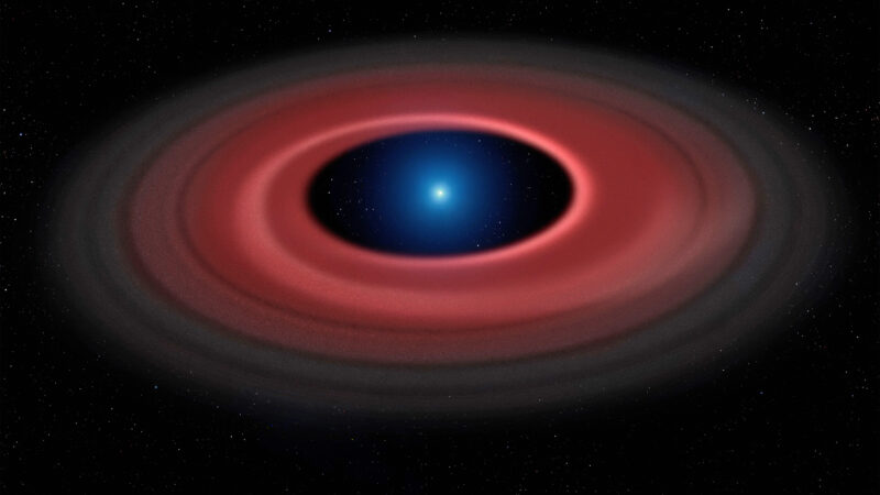 Artistu2019s impression of a glowing disc of material around a white dwarf star
