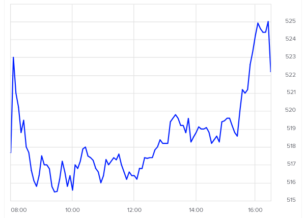 A chart of stock price changes over a trading day