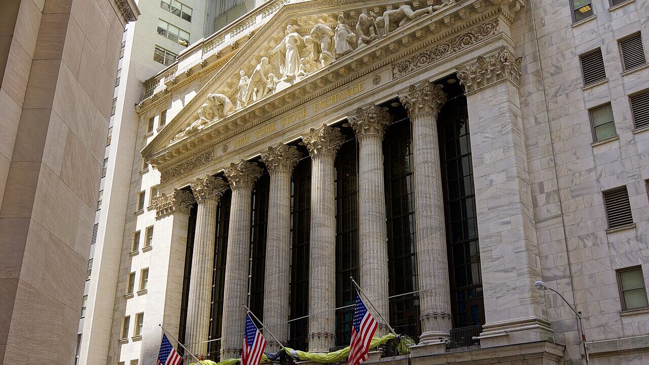 The columned facade of the New York Stock Exchange on Wall Street