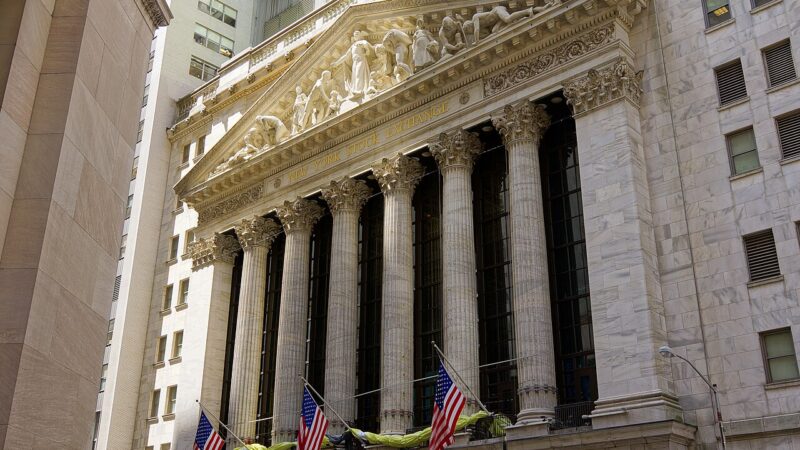 The columned facade of the New York Stock Exchange on Wall Street