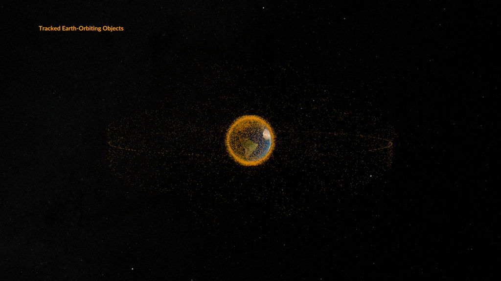Visualisation of tracked satellites and space debris in Earth orbit (NASA)