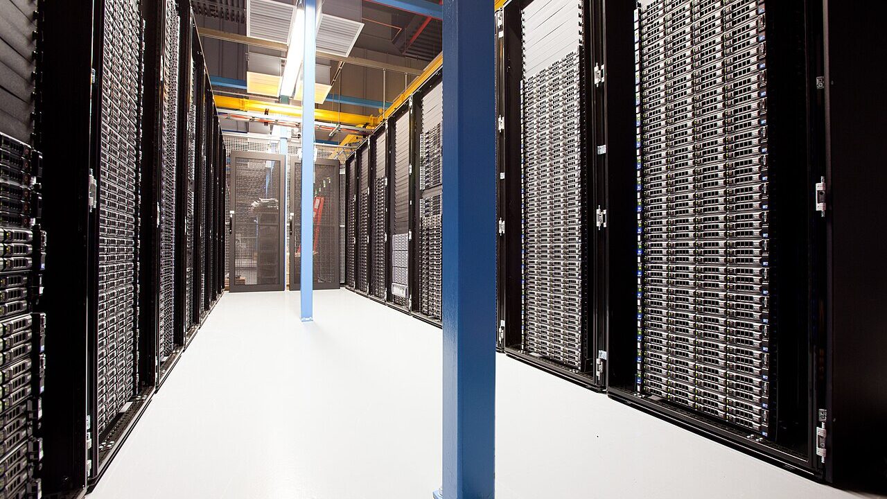 Rows of server racks inside a data center