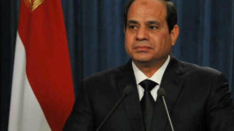 Egyptian President Abdel Fattah el-Sisi speaking at podium