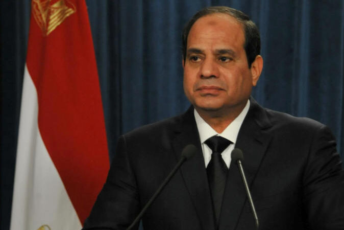Egyptian President Abdel Fattah el-Sisi speaking at podium