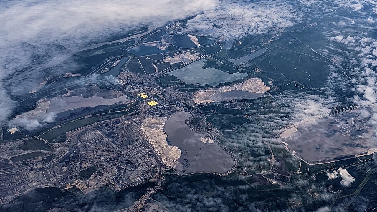 Aerial view of oil sands mine works in Alberta