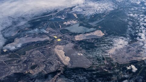 Aerial view of oil sands mine works in Alberta