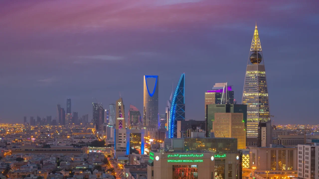 Riyadh skyline with Kingdom Centre tower at dusk
