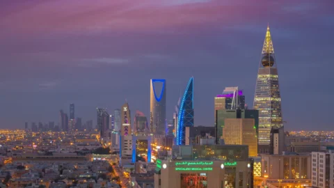 Riyadh skyline with Kingdom Centre tower at dusk