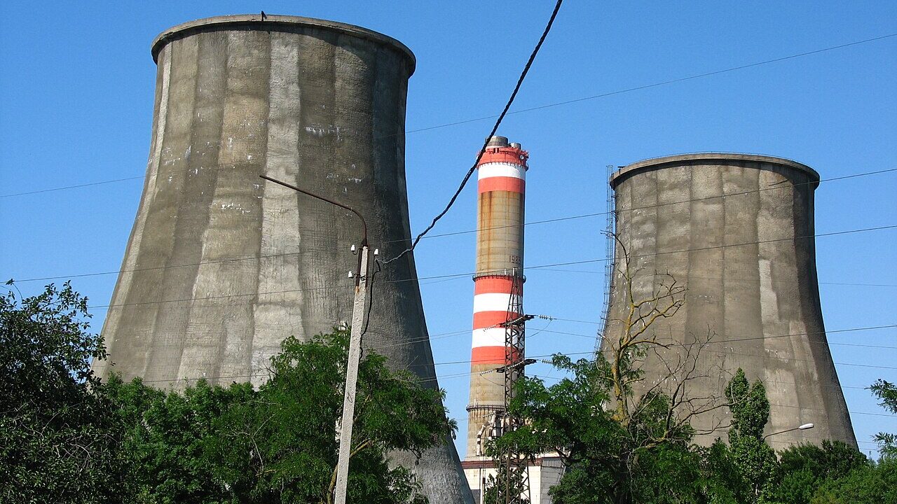 Cooling towers and chimney of a thermal power plant in Ukraine
