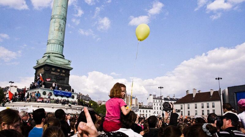 People gathering for a demonstration in a French city