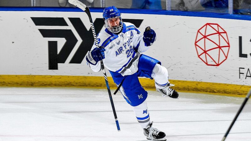 A college ice hockey player in game action