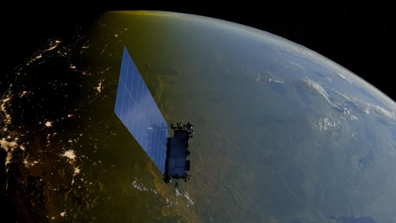 A train of Starlink satellites in orbit above Earth