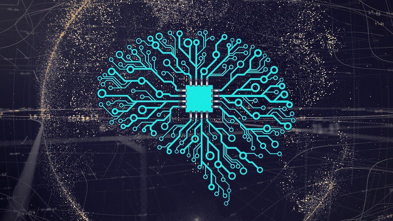 Illustration of an artificial neural network over a computer chip