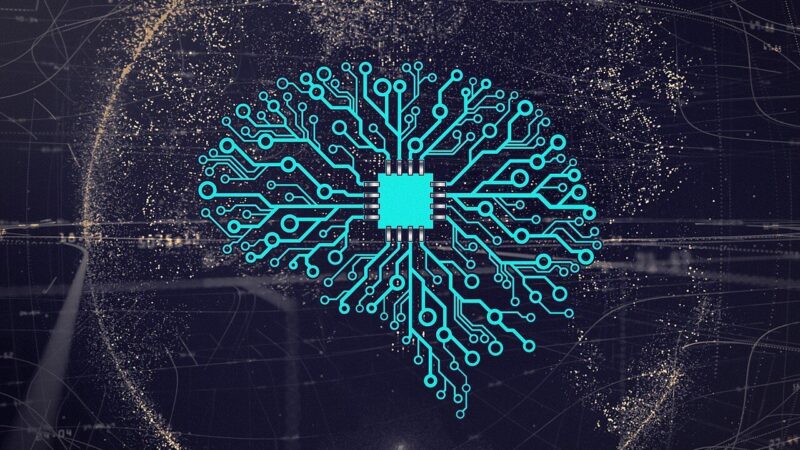 Illustration of an artificial neural network over a computer chip