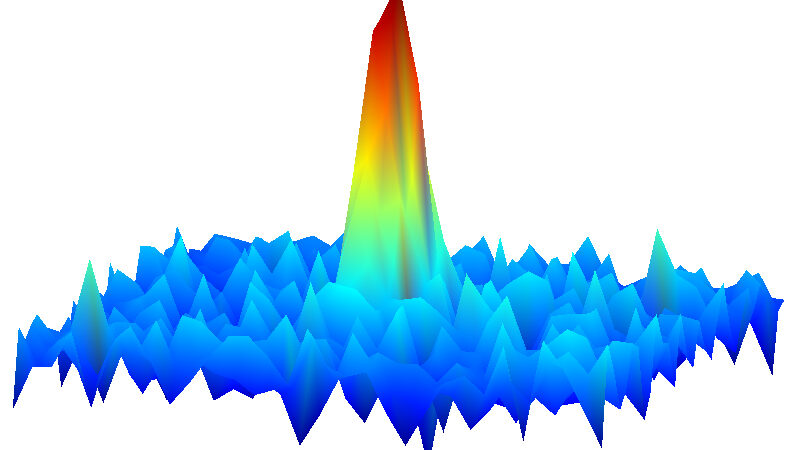 A three-dimensional data visualisation showing a sharp central peak, of the kind produced in ultracold-atom experiments