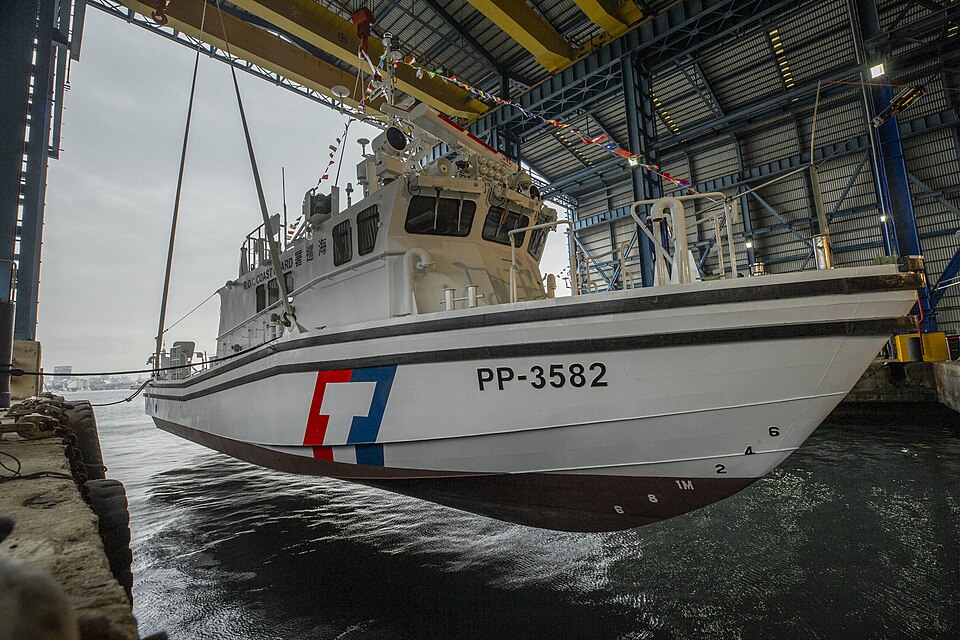 A Taiwan Coast Guard patrol vessel, PP-3582, pictured at a dockside facility