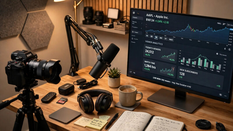 YouTube Stock DB explained through a premium video creator studio with a camera, a microphone and a monitor showing a video player and viewer response analytics